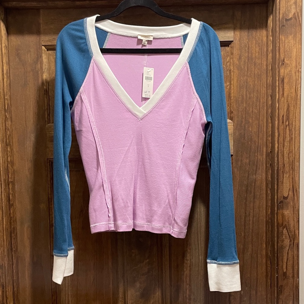 Pilcro Colorblock Long Sleeve V-Neck Tee in Lilac, Teal & White